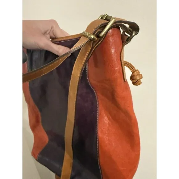 Furla vintage leather tote purse used purple orange color block bag - Picture 3 of 15